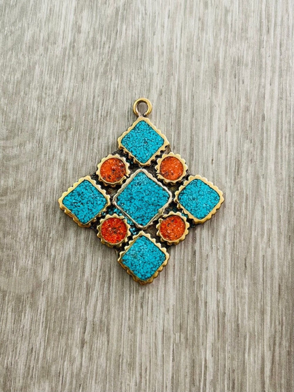 Handcrafted Tibetan Brass Charm: Turquoise & Coral Square Pendant